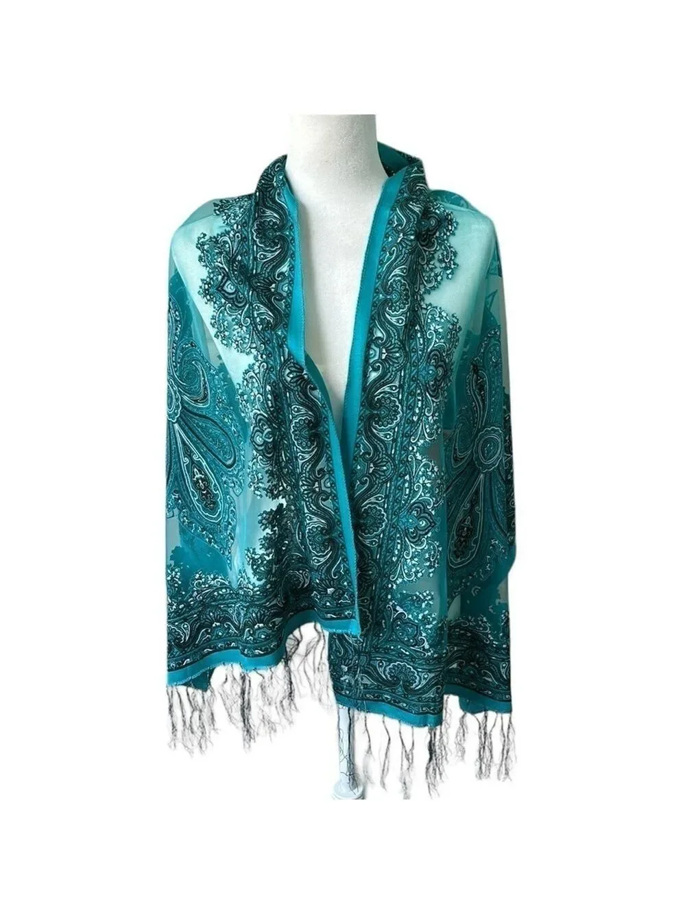 Ben Thanh Turquoise Mesh Paisley Pattern Scarf